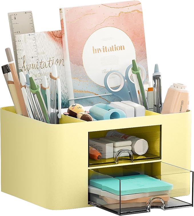 Marbrasse Pen Organizer with 2 Drawer, Multi-Functional Pencil Holder for Desk, Desk Organizers and Accessories with 5 Compartments + Drawer for Office Art Supplies (Yellow)