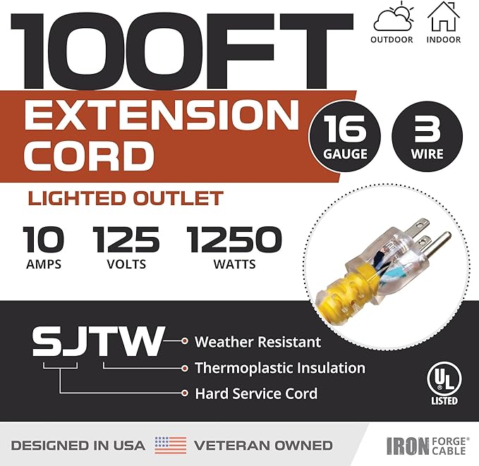 Iron Forge Cable Weatherproof 100 Ft Outdoor Extension Cord - 16/3 SJTW 10 Amp Heavy Duty Highly Visible Yellow Extension Cord 3 Prong - Lighted End