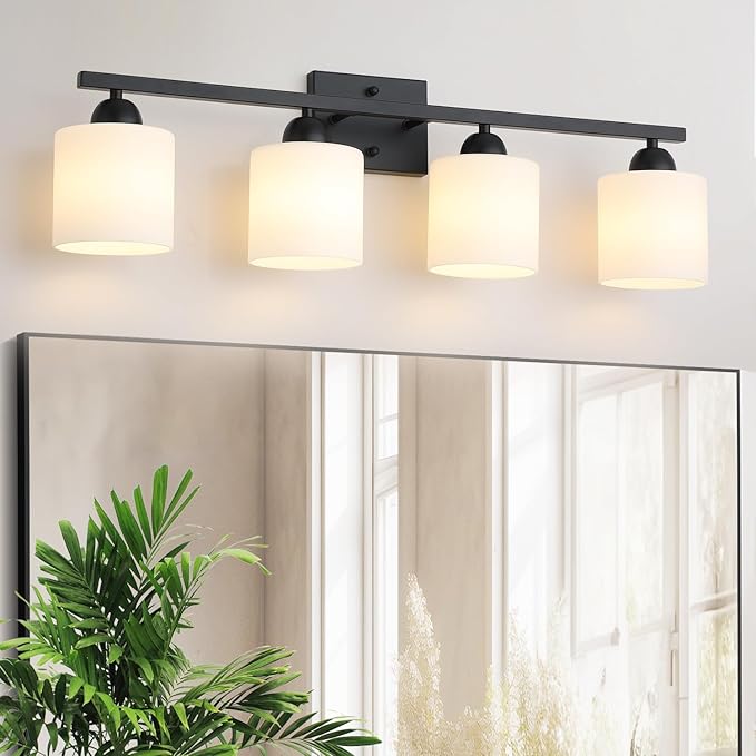 Milk Glass Vanity Lights for Bathroom, 4 Light Matte Black Bathroom Light Fixtures Over Mirror, Ceramic E26 Sockets Wall Mounted