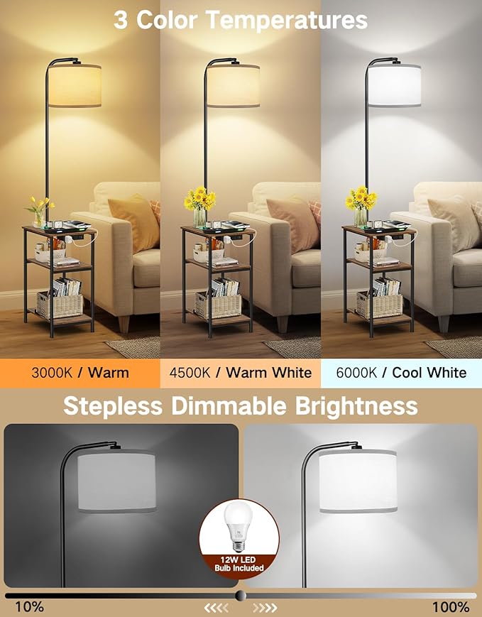 Floor Lamp with Table & Remote, Side End Table with Charging Station, Dimmable Nightstand with 3 Color Temperatures, 1-Hour Timer, 12W LED Bulb, for Living Room, Bedroom