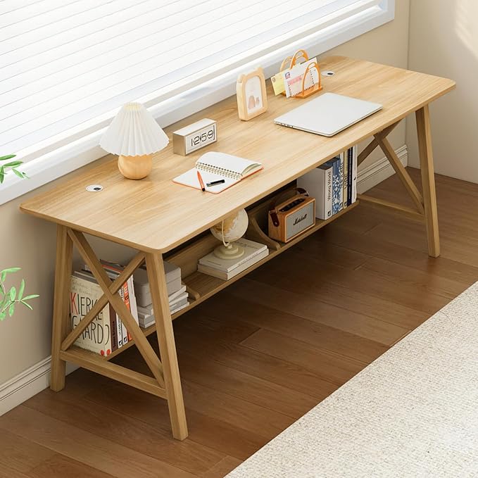 NELYE Extra Long Writing Desk with Bookshelf, 63" Wx20 Dx30 H, Oak | Wooden Home Office Work Study Table, Computer Gaming Workstation with Storage Shelf, Sturdy MDF Resists Wobble