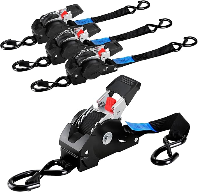 TLGREEN Retractable Ratchet Straps,Black,4 Pack,1” x 10’1650lb Break Strength Heavy Duty Auto Self Retracting Tie Down Straps for Truck, Cargo, Motorcycle, ATV, UTV,Boat