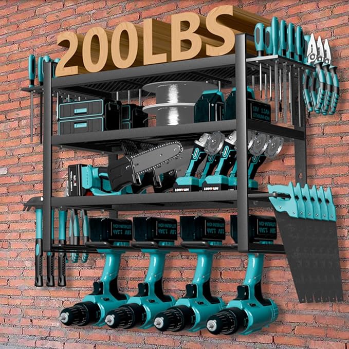 Power Tool Organizer Wall Mount Loads 200lbs, 4 Layers Heavy Duty Tool Organizers and Storage, Cordless Tool Rack with 4 Drills Holder, for Garage Workshop Shed Tool Room Garden