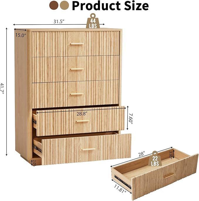 Fluted 5 Drawers Dresser for Bedroom, Wooden Tall Storage Dresser, Modern Chest of Drawers with Metal Handle, Curved Profile Wood Closet Clothes Storage Organizer for Living Room, Hallway, Natural