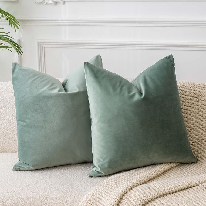 Throw Pillow Covers Set of 2 for Couch Bed Velvet Cushion Cover 14x14,Sage | Decorative Pillow Covers with Invisible Zipper for Sofa Living Room Bedroom Home Decor Modern
