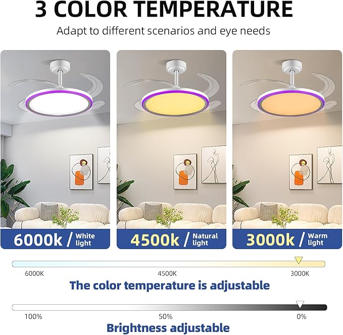 BAYSQUIRREL Slim RGB Retractable Ceiling Fan with Light and APP/Remote Control, 42inch Modern Smart Ceiling Fan with Bluetooth Speaker, Dimmable Full Spectrum with Memory, 6-Speed Reversible Fan,White