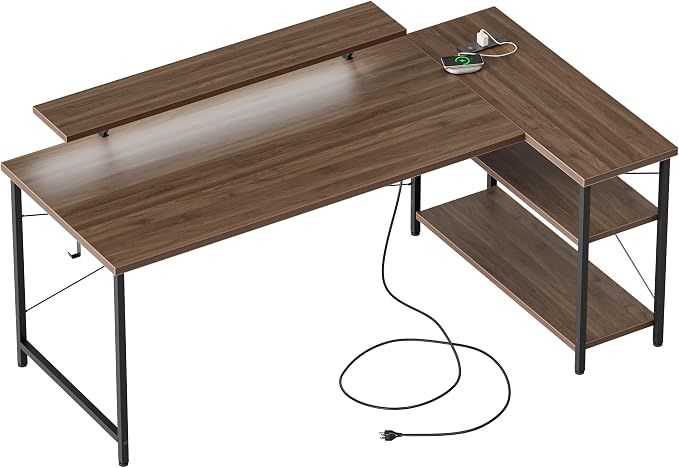 Mericonia 55 in L Shaped Gaming Desk, Large Corner Desk with Monitor Stand | Reversible Computer Desk with Power Outlets, LED Light & Storage Shelves, Office Table for Home Bedroom Study Work Writing