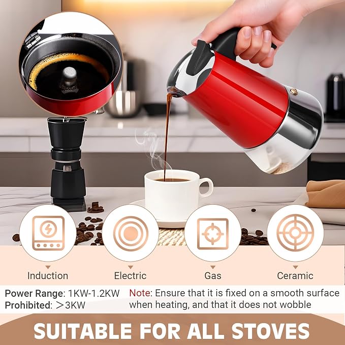 6 Cup Stainless Steel Moka Pot, 300ml Stovetop Espresso Maker, Red | 304 Stainless Steel Mocha Pot, Induction Compatible, Greca de Cafe, Cuban and Italian Coffee Maker