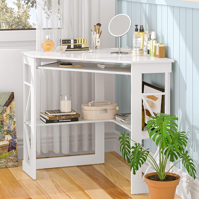 VECELO Corner Desk, Triangle Computer Desk for Small Space with Charging Station and Keyboard Tray, Corner Makeup Table with Storage Shelves for Home Office Bedroom, 41x30, White