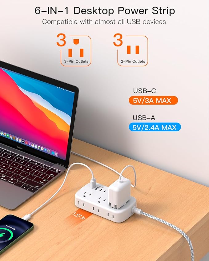 Extension Cord 20 Ft, Flat Plug Power Strip with 6 Outlets with 4 USB Ports(2 USB C), Wall Mount Charging Station, No Surge Protector for Home Office College Dorm Room Travel Essentials