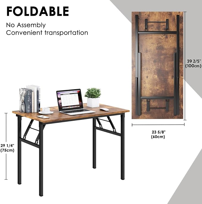 Need Office Computer Desk 39.3 Inch Sturdy Folding Laptop Table Retro | Black Frame Writing Gaming Work Table/Foldable Home Office Desk/Sewing Table, No Assembly Required