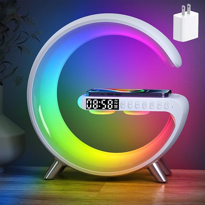 Smart LED Table Bedside Lamp with Bluetooth Speaker & App Control, 15W Fast Wireless Charging Station Dock, Sunrise Alarm Clock, Cool Night Light, for Bedroom, Home Decor, Birthday, Christmas Gifts