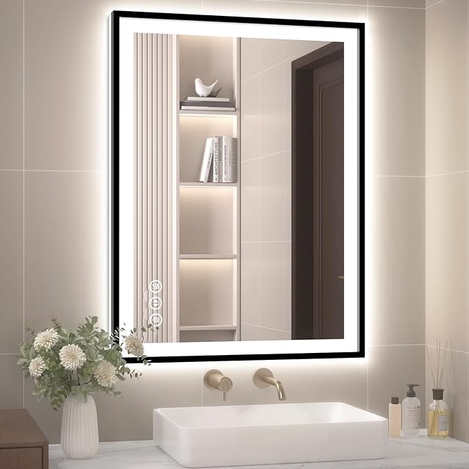 24x32 LED Bathroom Mirror with Lights, Black Aluminum Framed, Backlit + Front Lit, Lighted Bathroom Vanity Mirror for Wall, Anti-Fog, Memory Function, Dimmable, Shatterproof ETL Listed
