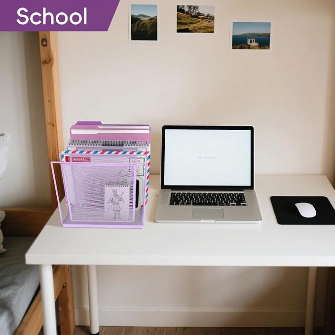 File Organizer for Desk, 5-Section Vertical File Sorter, Paper Holder Organizer Standing Metal File Folder for Office Home Classroom, Purple