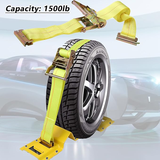 NovelBee Wheel Chock Tie Down Kit, Trailer Tie Down System for UTV, ATV & Mower (Blue Wheel Chock & Yellow Strap)