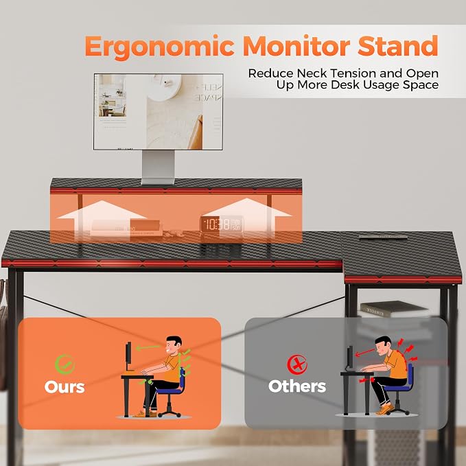 Mericonia 55 in L Shaped Gaming Desk, Large Corner Desk with Monitor Stand | Reversible Computer Desk with Power Outlets, LED Light & Storage Shelves, Office Table for Home Bedroom Study Work Writing
