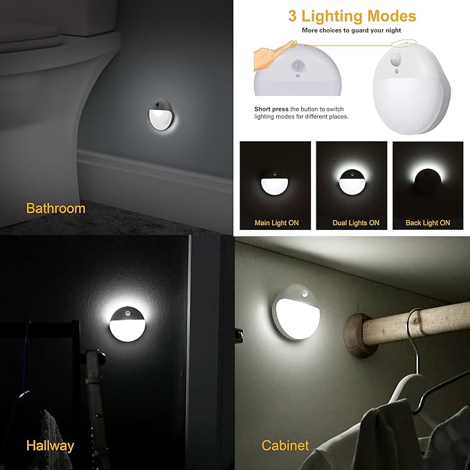 6 Pack Battery Night Light, Toilet Lights, 2.6" Small Motion Senor Light, Stick on Lights, 3 Light Modes, Dimmable LED Nightlight for Closet, Stairs, Garage, Cabinet, Toliet, Daylight White