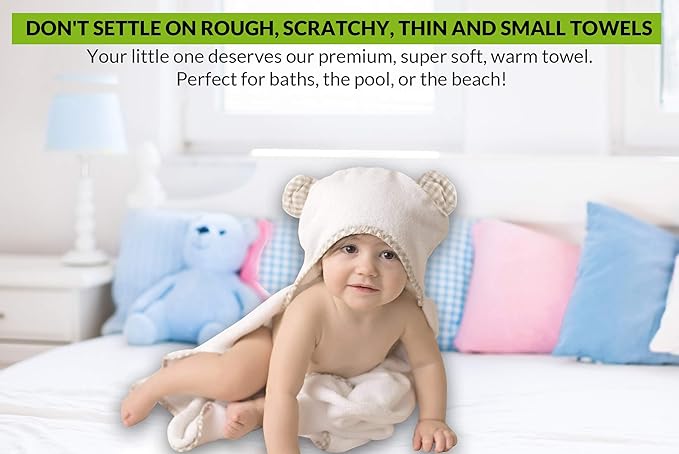 Channing & Yates Premium Organic Baby Towel Set - Soft Viscose Bamboo Hooded Towel & Washcloth - Girl & Boy Bath Essentials (Beige/White)