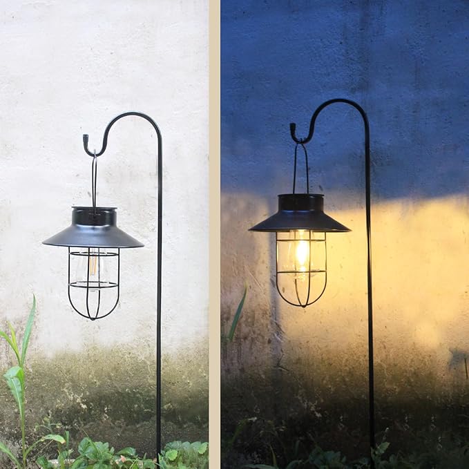 Solar Lantern 2pack Outdoor Hanging Light- Waterproof Vintage Metal Light with Shepherd Hook Decorative for Patio, Backyard, Porch, Yard (Black)