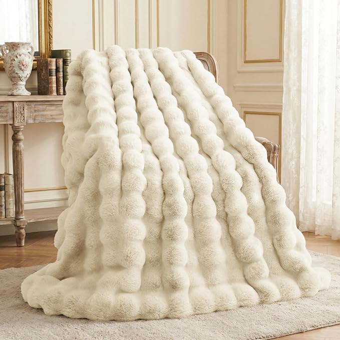 L'AGRATY Faux Rabbit Fur Throw Blanket for Couch, 60'' x 80'' Almond White | Soft Cozy Bubble Fluffy Blanket for Sofa Bed, Thick Warm Plush Fuzzy Throw for Room Home Decor, Luxury Gift for Women Mom