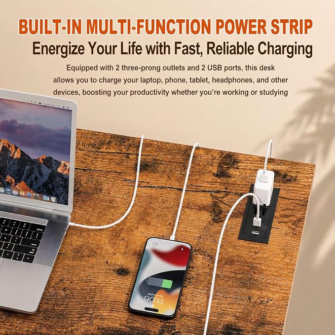 Folding Table Computer Desk - 55.1" No Assembly Folding Desk with Power Outlets & USB Charging Port, Small Desk, Foldable Office Desk, Compact Storage Portable Use for Small Space, Rustic Brown