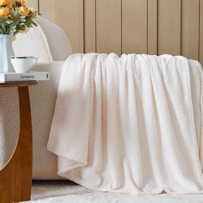 NEWCOSPLAY Fleece Leaves Pattern Twin Blanket, Ivory, 60"x80" | Super Soft Throw Blanket, Lightweight Cozy Bed Sofa Blanket, Premium Silky Flannel Fleece, Travel Blanket for All Season Use