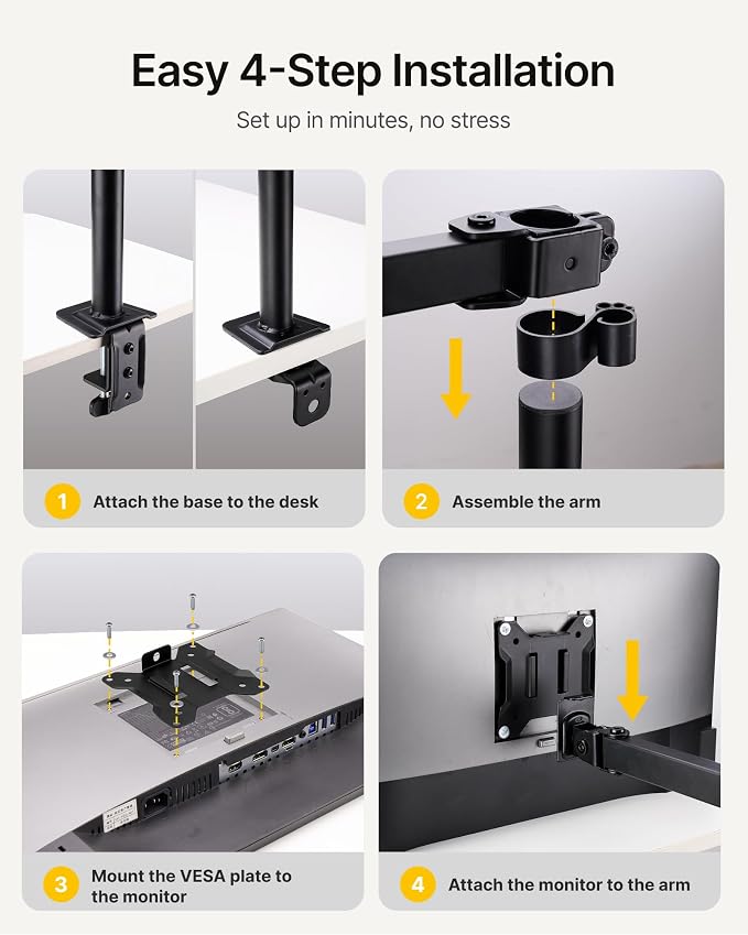 monTEK Extra-Long Monitor Arm for 17-32" Screens, 22 lbs | Articulating desk mount, extended reach, height adjustment, tilt, swivel, clamp/grommet bases and VESA 75/100