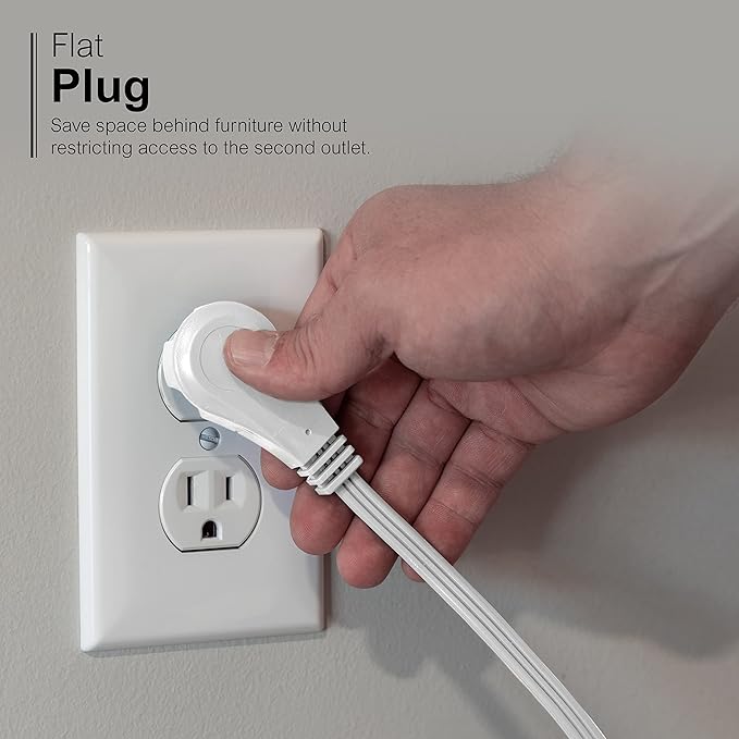 GE 3-Outlet Flat Extension Cord 3 Ft Grounded Extension Cord with Multiple Outlets 3 Prong Outlet Extender Flat Plug Power Strip Indoor 16 Gauge UL Listed White 69869