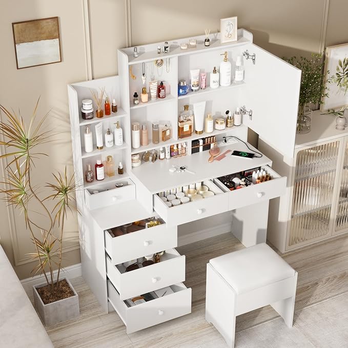 White Vanity Desk Set with Led Mirror,Makeup Vanity Table with Power Strip,Dressing Table with Stool & Lots Drawers,3 Lighting Color Mirror,Brightness Adjustable