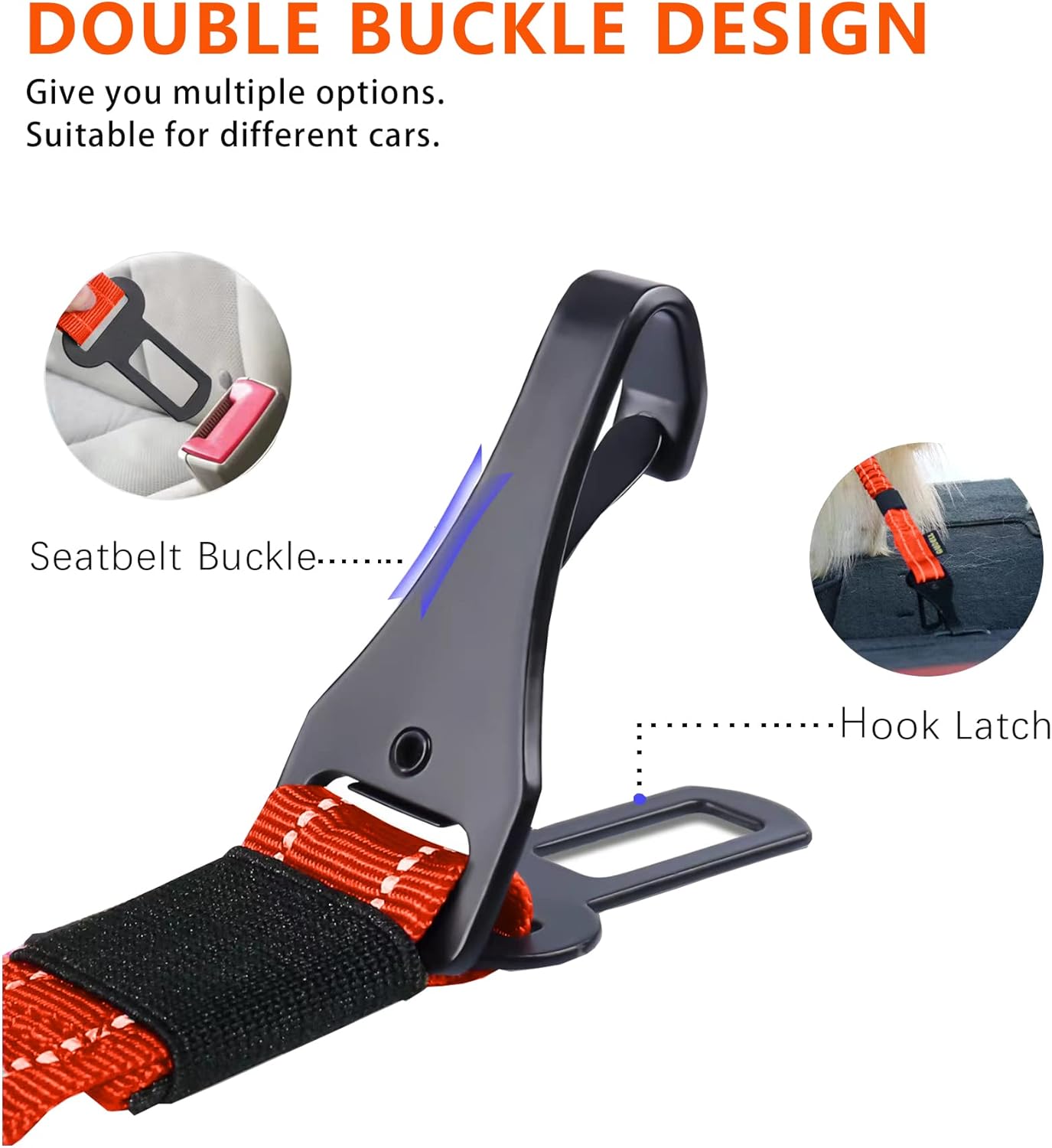 AUBELL Dog Seat Belt for Car,2 Pack Set 3-in-1 Adjustable Reflective Bungee Heavy Duty Dog Car Harness Tether with Clip Hook Latch & Buckle,Swivel Zinc Alloy Carabiner,Black+Orange