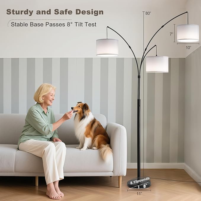 Floor lamp with Remote, 3 Light Arc Floor Lamps for Living Room, 2400LM Tall Standing Floor Lamps with White Shades, 80" Large Floor Lamp for Bedroom, Office