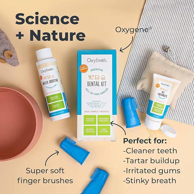 Oxyfresh Premium Pet Dental Kit for Dogs & Cats – Easy Solution for Fresh Breath, Clean Teeth, Control Plaque & Tartar – Vet Formulated Pet Toothpaste 1oz + Water Additive 3oz + 3 LG Brushes Kit