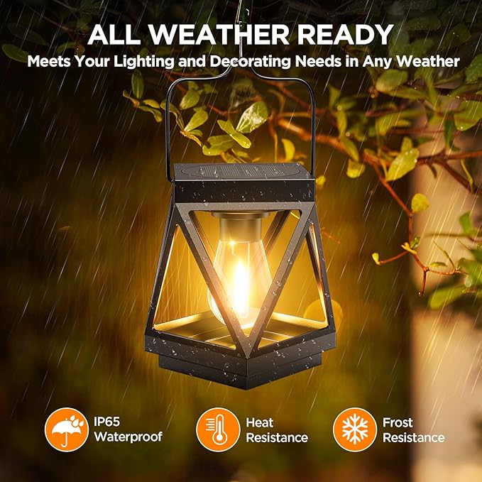 KOOPER 4 Pack Solar Lanterns Outdoor Waterproof, Upgraded Black Metal Hanging Solar Lights Outdoor Lanterns Decorative for Yard Patio Table Pathway Garden Decor