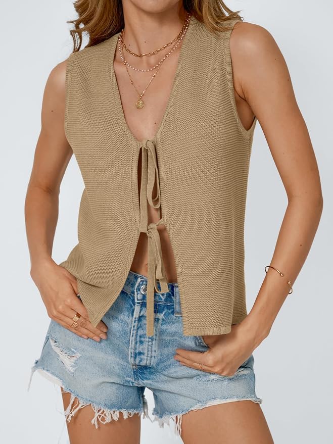 LILLUSORY Womens Tie Front Tops Vacation Sweater Vest | Bohemian Style, Beach Resort Wear, Concert Western Outfits, Crochet Tops, Vacation Outfits, Cute Y2k Sleeveless 2026