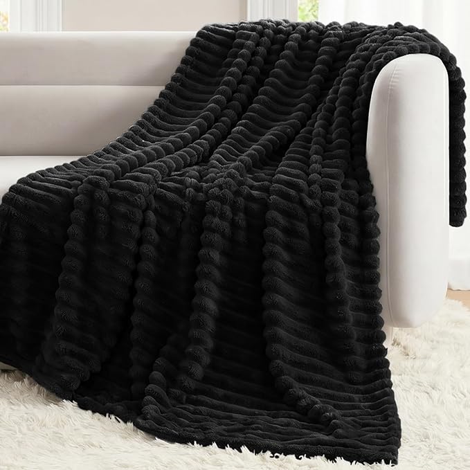 Black Blankets Queen Size for Bed, 90 x 90 Inch | 300GSM Ribbed Fleece Blanket, Soft, Cozy & Lightweight, OEKO-TEX Certified, All-Season for Bedrooms, Guest Rooms & Gifting