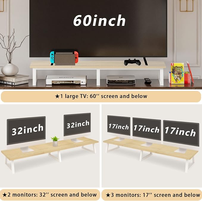 TEAMIX 42 inch Large Dual Monitor Riser, Desk Organizer Stand for TV Laptop | Extra Long Stand for 2 Monitors, Wood & Metal TV Riser, Holds 300lbs, Keyboard & PS5 Storage, For Home Office & Gaming