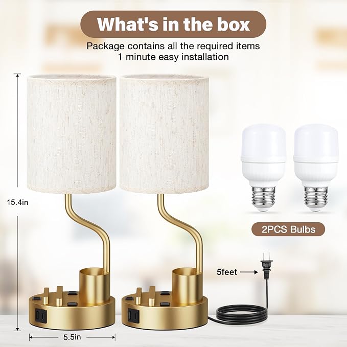 Fenmzee Bedside Lamps for Bedroom Set of 2 - Table Desk Lamp for Nightstand | 15" Table Lamp for Living Room with Pen Holder & Phone Stand, USB A+C Port, AC Outlet, 3 Color Temperature, LED Bulb Included