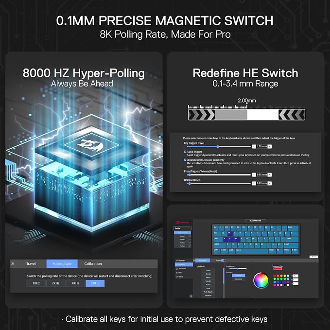 Redragon K617 HE Wired Hall-Effect Rapid Trigger Magnetic Gaming Keyboard | 8K Polling Adjustable Actuation, 61 Keys Design for More Room to Aim, Swap-Ready Socket for Mod, RGB Pro Software Supported