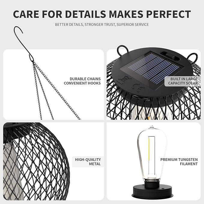 HOTEAGLE Solar Hanging Lights, Waterproof Outdoor Decorative Globe Lanterns with Vintage Edison Bulb, Retro Metal Mesh Pendant Light for Garden, Patio, Yard, Tree Decor (Black-2-Pack)