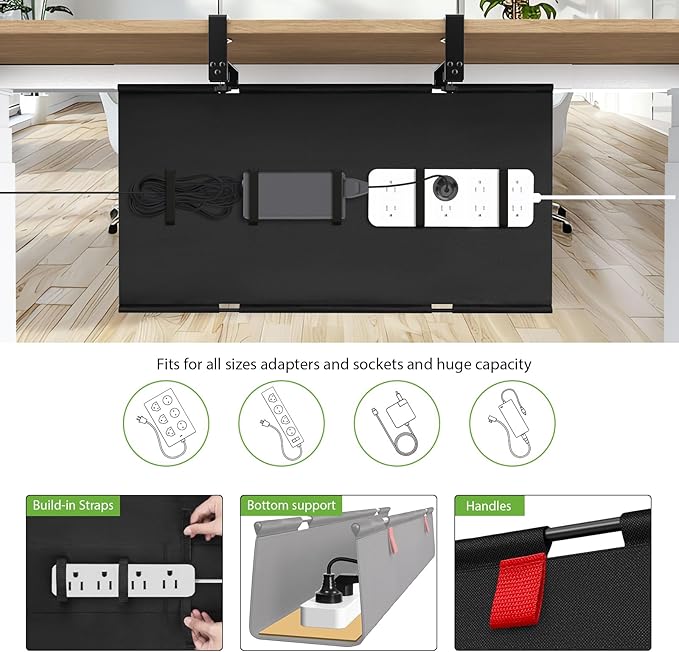 KEEGH No Drill Under Desk Cable Management Tray - 28" Cord Management Under Desk - Clamp/Screw Mount - Support Upto 70lbs - Fabric Wire Management - Gaming/PC Cable Tray Cord Hiders for Office/Home