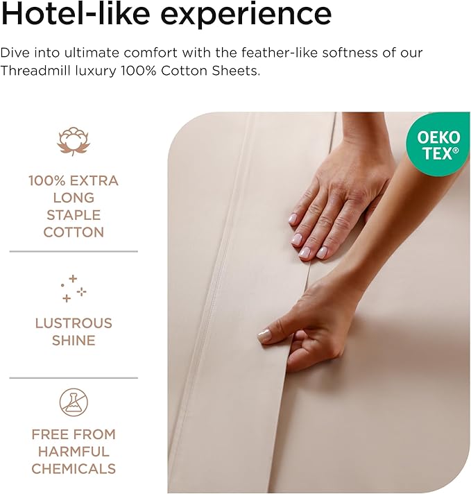Threadmill Luxury 800 Thread Count 100% Cotton Sheets - Sateen Weave Twin XL Bed-Sheets, Better Than Egyptian Cotton,3 Pc Solid Soft Bedding Set (Light Beige), Fits 15" Deep Pocket
