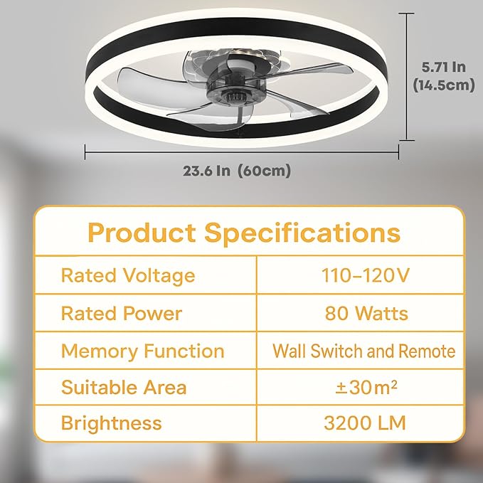 23.6'' Ceiling Fan with Light, Upgraded Low Profile Fan, Flush Mount Ceiling Fan, 6 Speeds, Dimmable LED, App & Remote Control, Quiet DC Motor, for Bedroom, Living Room, F105 Black