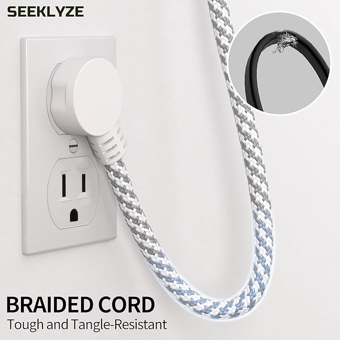 16 Gauge Braided Extension Cord 20 FT, 16/3 Flat Plug Power Cord Indoor, 3 Prong White Extension Cable Flexible for Home Dorm Room Essentials, 13A 125V 1625W, ETL Listed