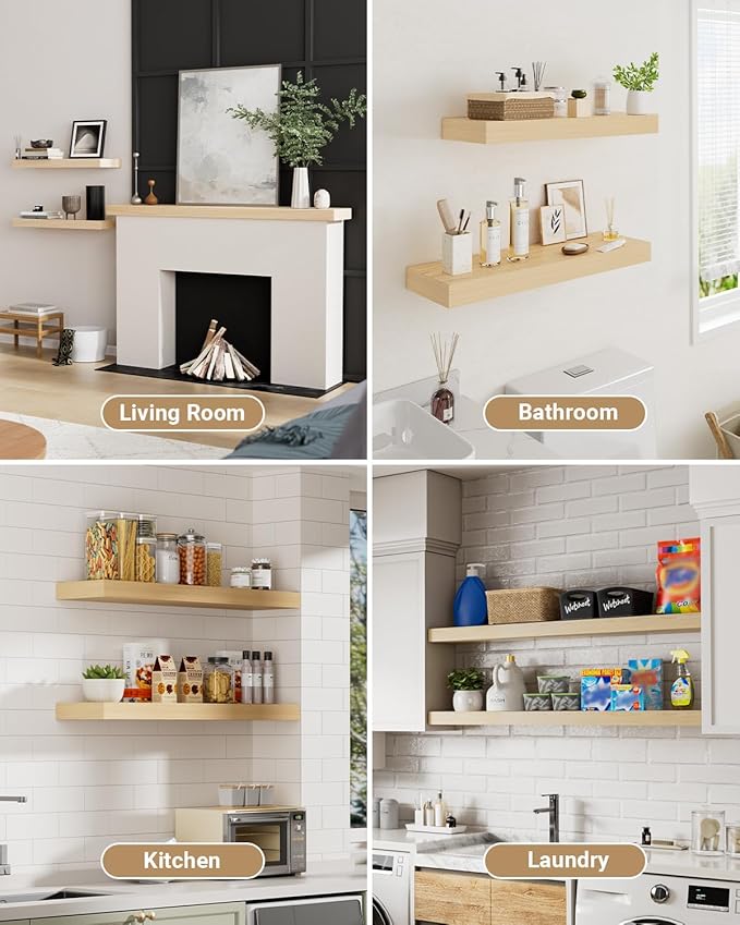 White Oak Floating Shelf for Wall, 2 Inch Thick Sturdy Wood Floating Shelves Wall Mounted, 48" Long Shelves for Kitchen Bedroom Living Room,8" Deep Floating Book Shelves, 50LB Capacity