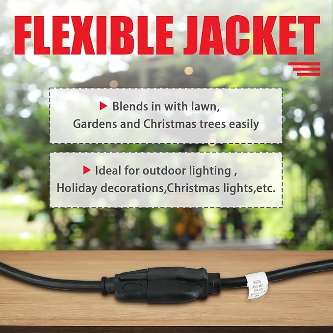 EP 50FT Black Outdoor Extension Cord, 16/3 SJTW Heavy Duty Waterproof, 3 Prong Grounded Plug, 13A 1625W 16AWG, Cold-Resistant Flexible Power Cable for Garden, Home, Christmas Lights