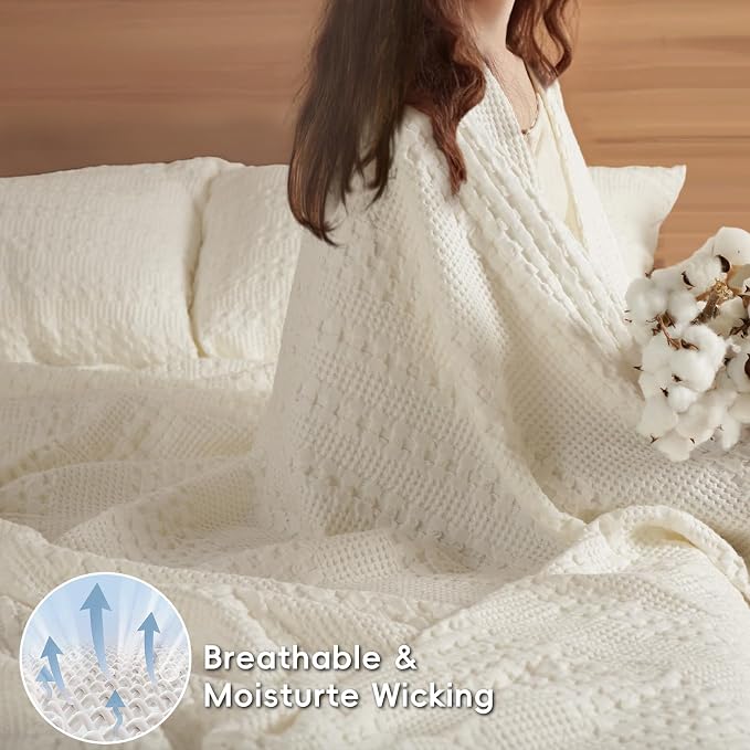 PHF 100% Cotton Waffle Weave Blanket Queen Size, Lightweight Breathable Summer Blanket for Hot Sleepers, Pre-Washed Soft Layer for Bed, Couch, Aesthetic Home Decor & Gift, 90"x90", Ivory