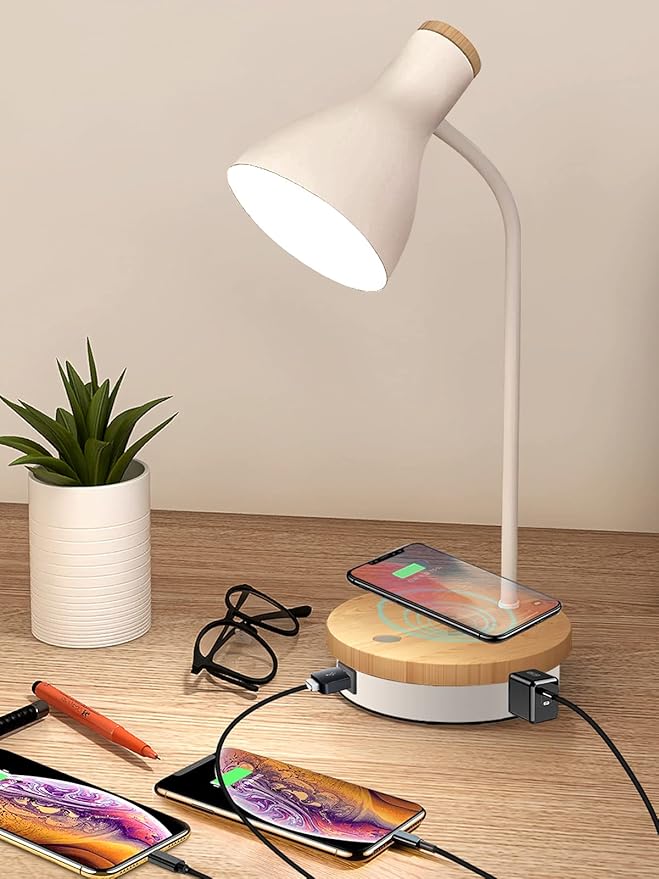 Metal Desk Lamp Wireless Charging Table Lamp Touch Reading Lights Arc Desk Lamps for Bedroom, 3 Way Dimmable Bedside Lamp with USB Charging Ports Lamp for Study Room and Office (White)