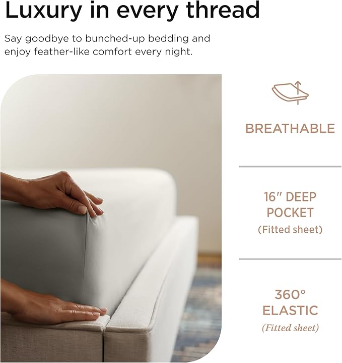 Threadmill Luxury 800 Thread Count King 100% Cotton Sheets - Moonrock Grey Sateen Weave Bed-Sheets, Better Than Egyptian Cotton, 4 Pc Solid Soft Bed Set, Fits 16" Deep Pocket