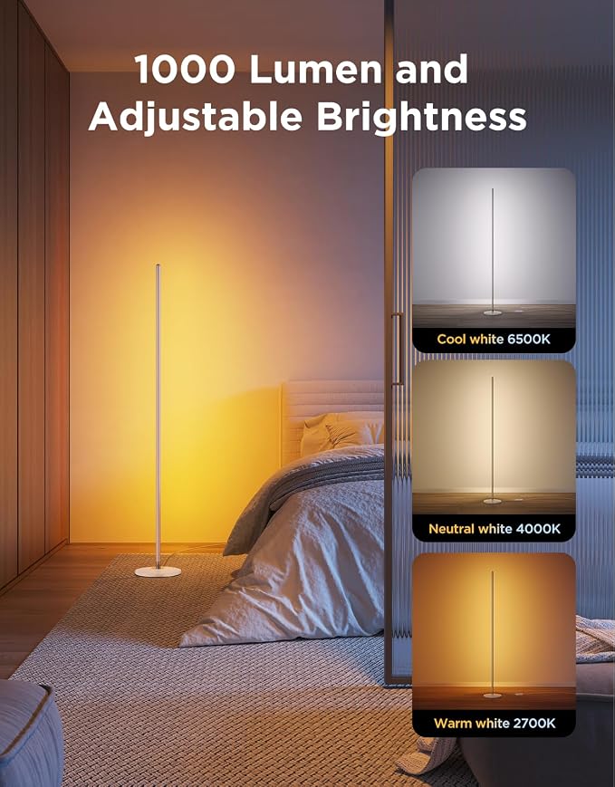 Govee RGBIC Floor Lamp Basic, 1000lm LED Corner Lamp | Works with Alexa, Smart Modern Floor Lamp with Music Sync and 16 Million DIY Colors, Color Changing Standing Lamp for Bedroom