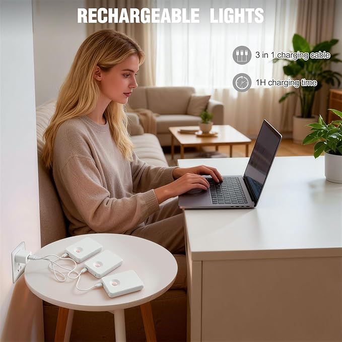 6 Pack Wireless Rechargeable Motion Sensor Stair Light, Smart Led Motion Activated Battery Operated Night Lights, RGBW Stick On Closet Lamp Indoor for Step Cabinet Hallway Bathroom Stairway